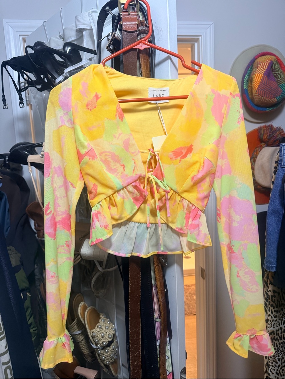 Sabo Yellow Floral Tie-Front Ruffle Crop Top with Pink & Mint Accents
